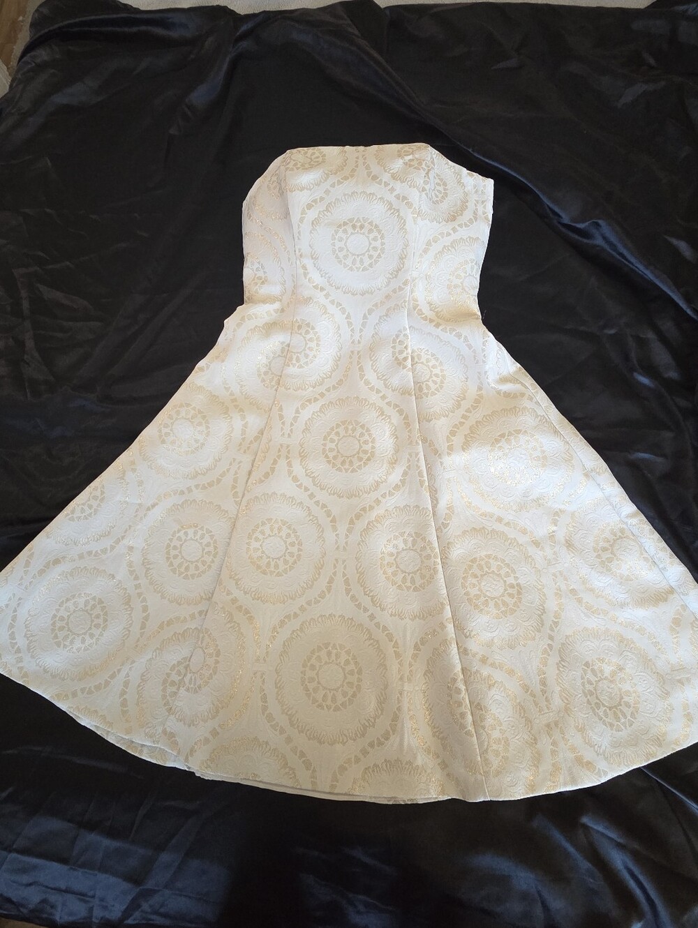 Elegant Strapless Cream and Gold Patterned Fit-and-Flare Dress
